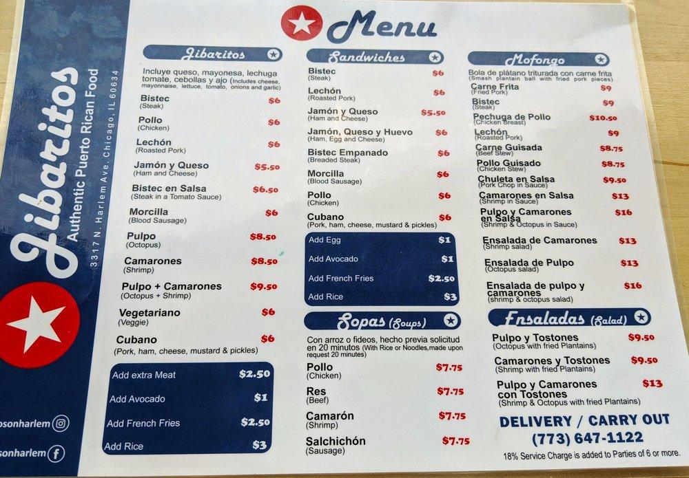 Menu at Jibaritos on Harlem, Chicago