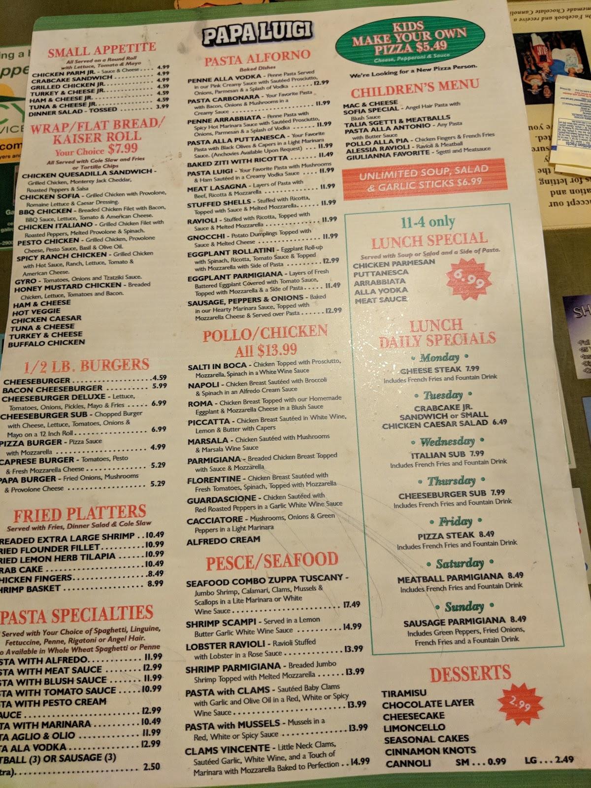 Menu at Papa Luigi Elmer pizzeria, Elmer