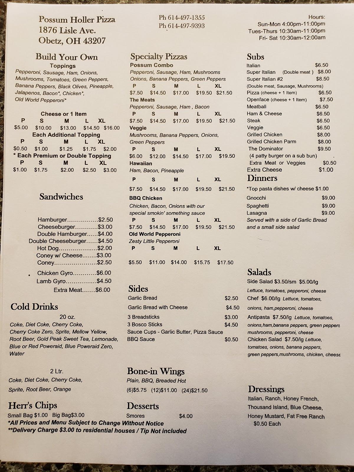 Menu at Possum Holler Pizza pizzeria, Obetz
