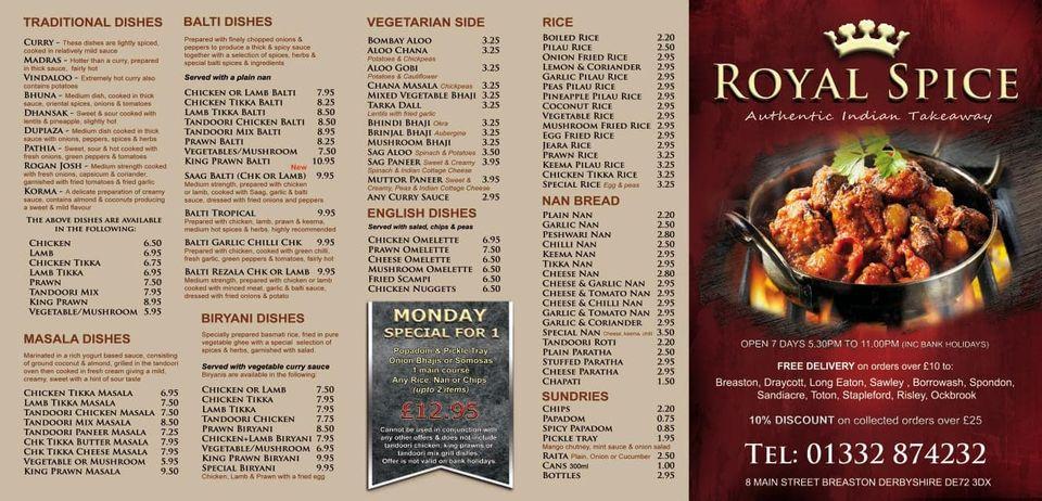 Menu at Royal Spice restaurant, Draycott