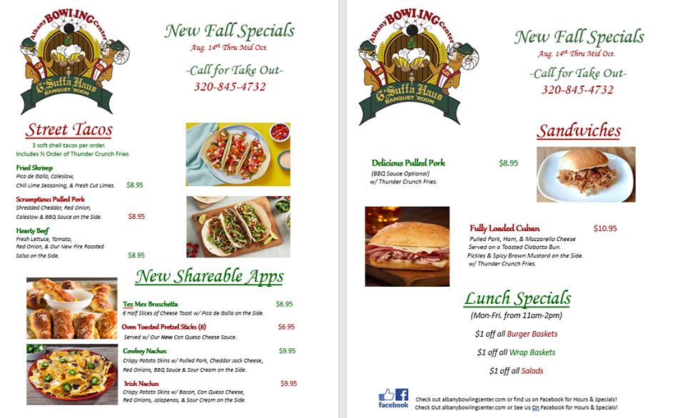 Menu at Albany Bowling Center & G'Suffa Haus Banquet Room restaurant