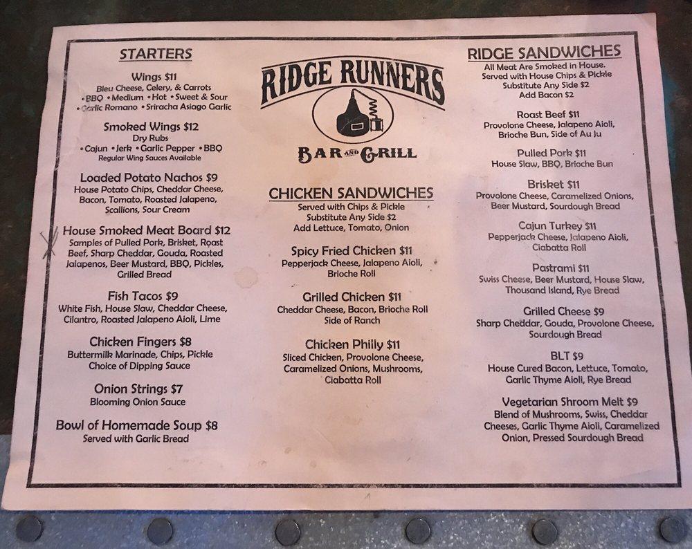 Menu at Ridge Runners pub & bar, Brockport