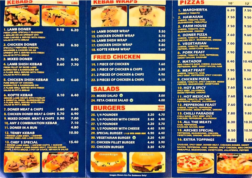 Menu at Arches Kebab Tenby fast food, Tenby, Lower Frog St