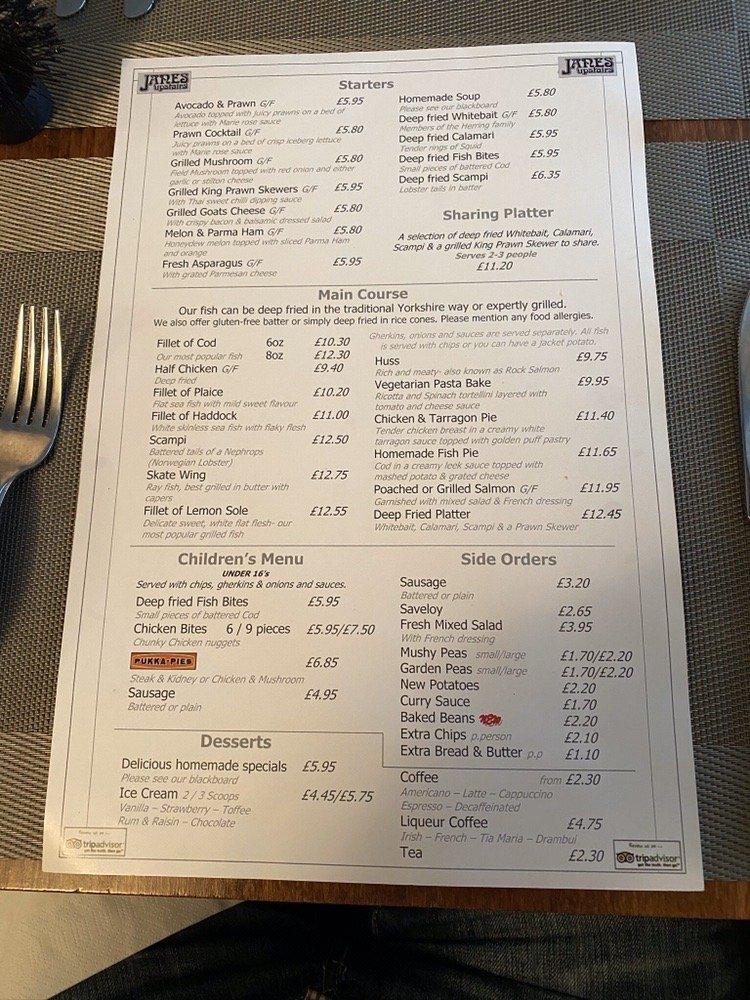 Menu at Jane's Upstairs restaurant, West Byfleet