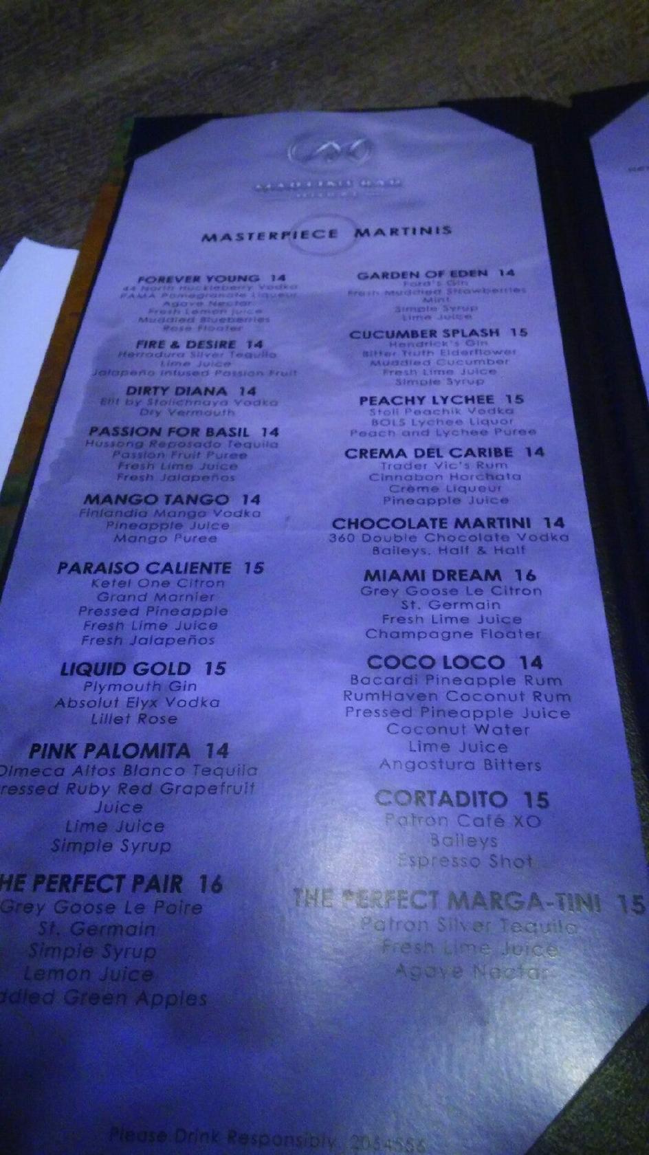 Menu at Martini Bar, Doral