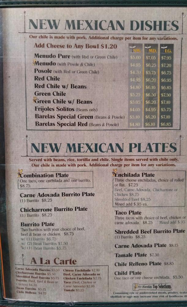 Menu at Barelas Coffee House, Albuquerque