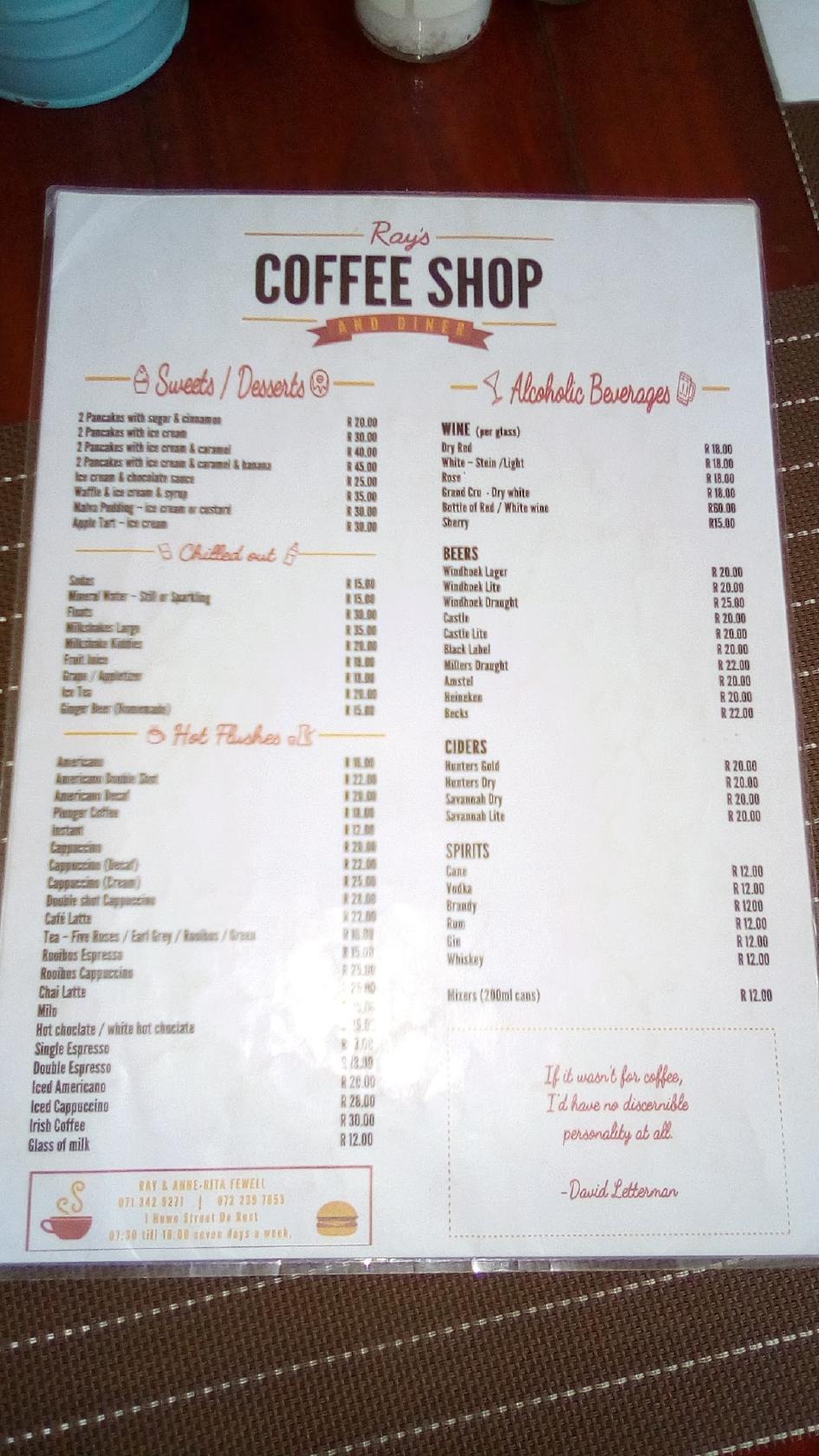 Menu at Ray's Coffee Shop cafe, De Rust