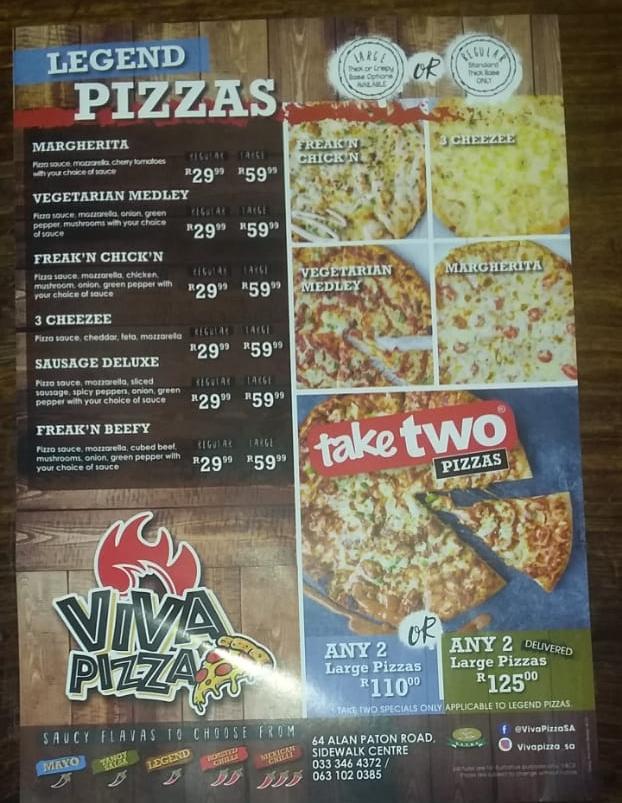 Menu at Viva Pizza (Scottsville) restaurant, Pietermaritzburg