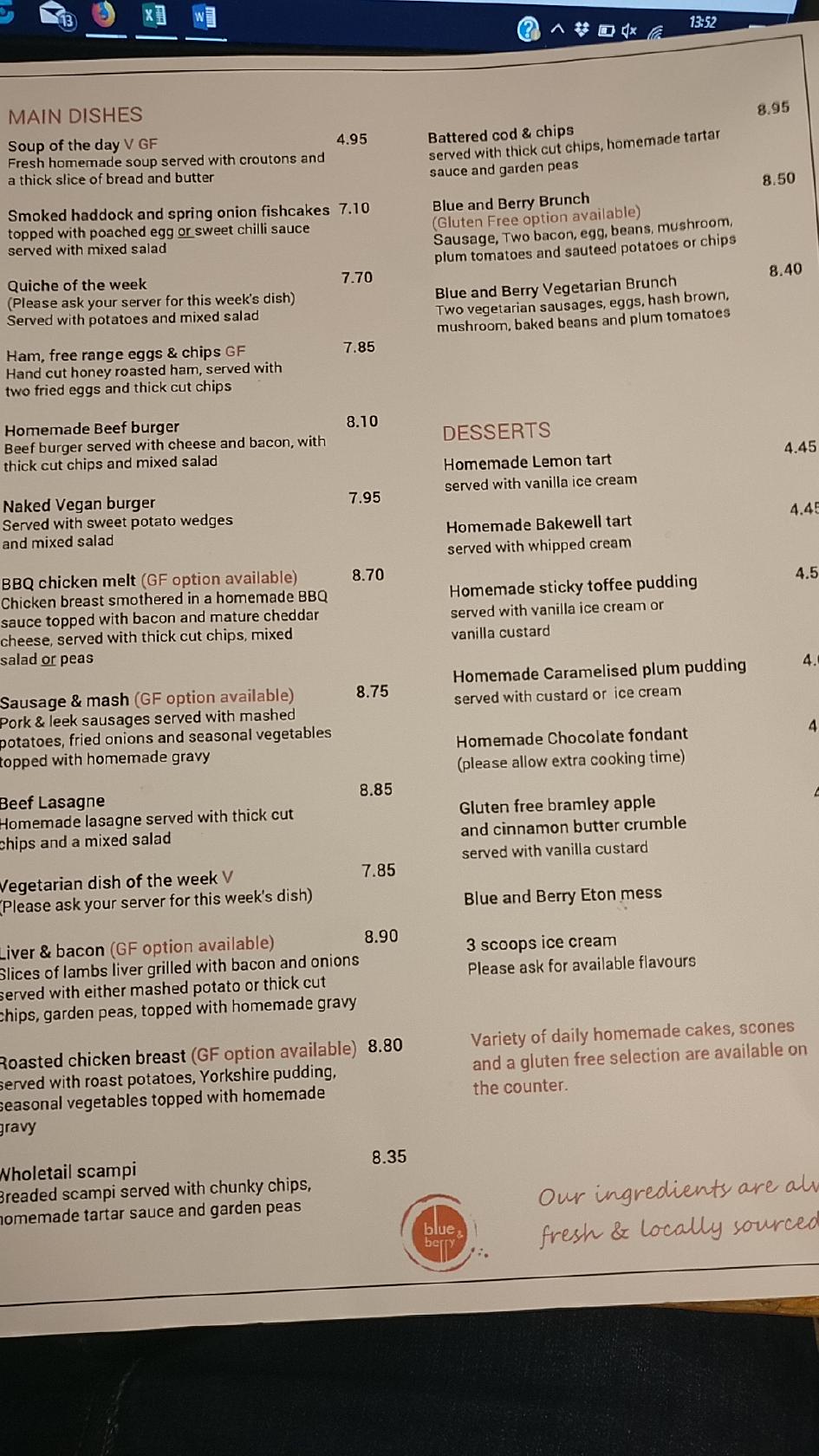 Menu at Blue & Berry Café cafe, Felixstowe