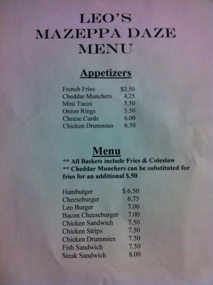 Menu at Leo's Sports Bar, Mazeppa