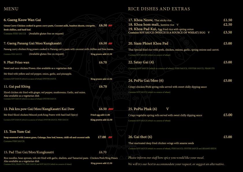 Menu at Nim's Thai Kitchen restaurant, Clevedon