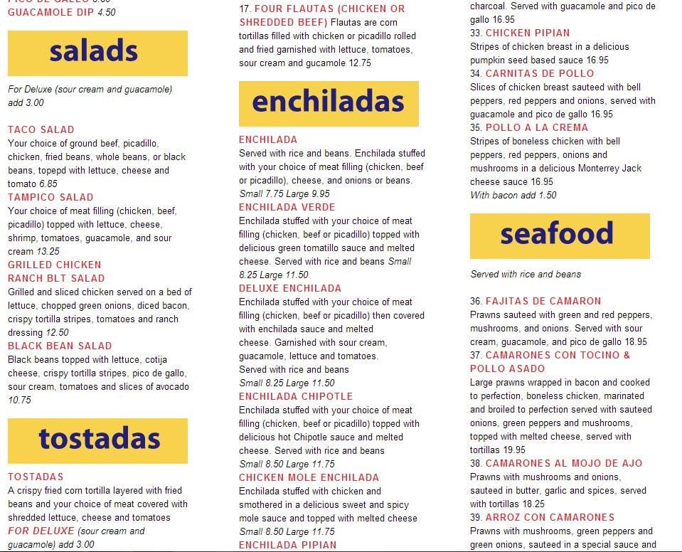 Menu at Tampico Mexican Restaurant, Everett