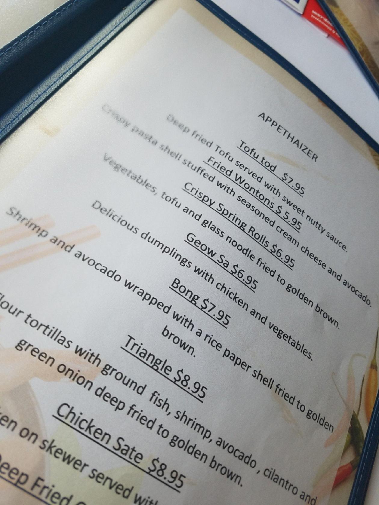 Menu at Thai Brothers restaurant, Laguna Beach
