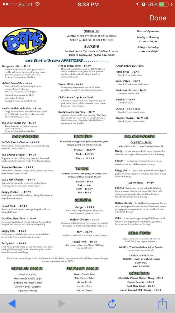 Menu at Booty's Wings Burgers & Beer pub & bar, Surprise