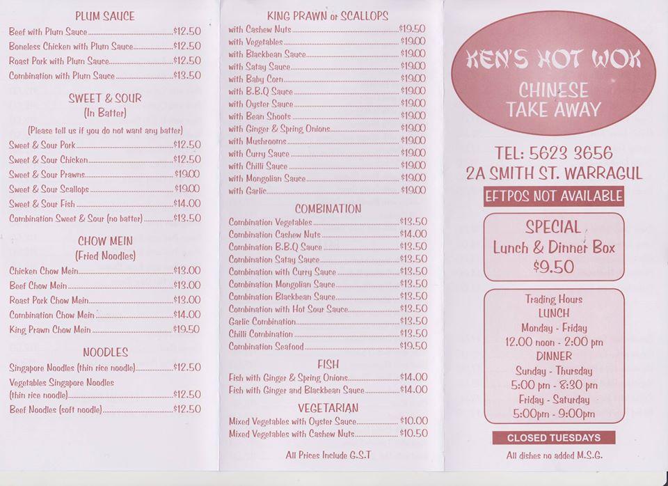 Menu at Ken's Hot Wok fast food, Warragul