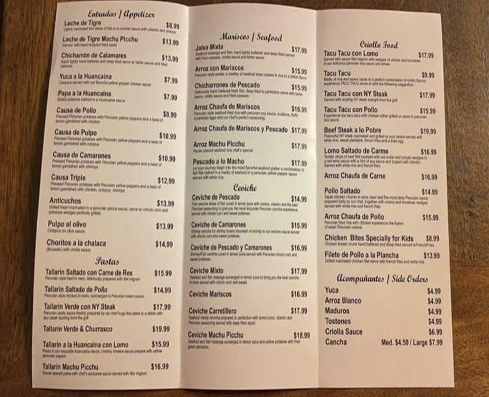Menu at Machu Picchu Restaurant, Port St. Lucie