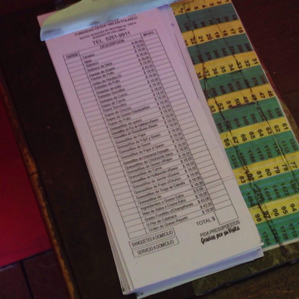 Menu at Quesadillas Don Isidro restaurant, Mexico City, Av. Stim 1283