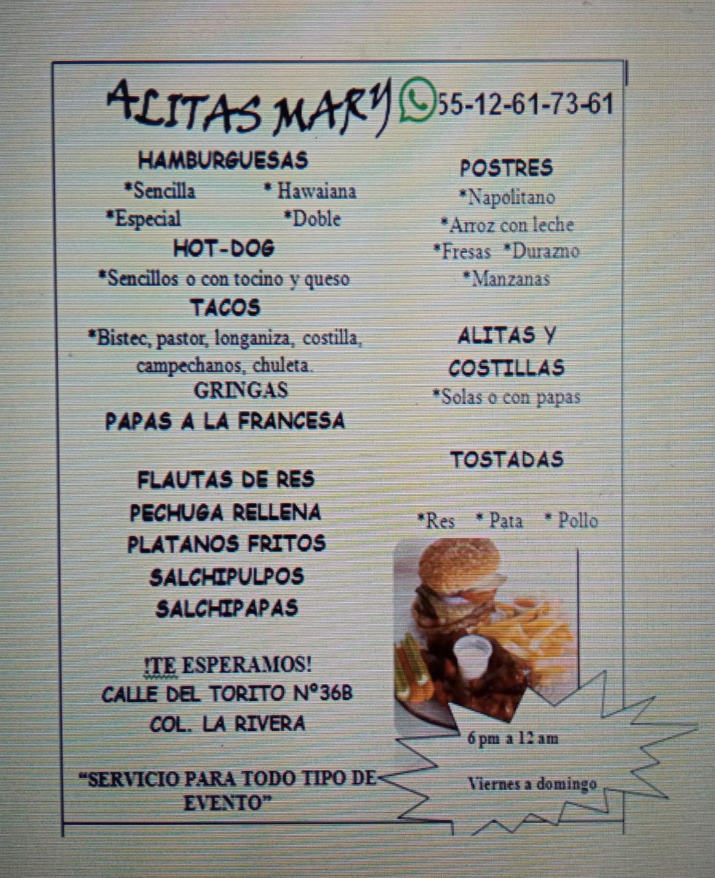 Menu at Alitas Mary restaurant, Naucalpan