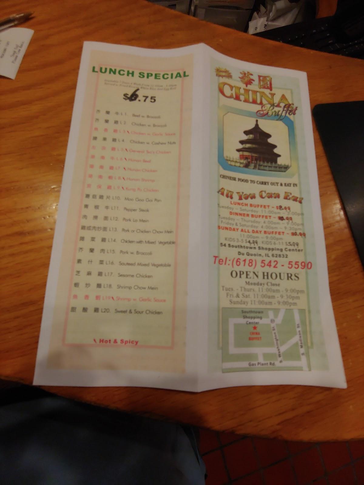 Menu at China Buffet restaurant, Du Quoin