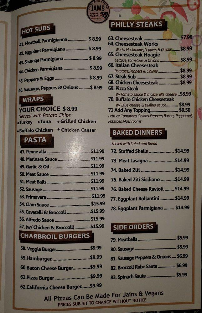 Menu at JAMS PIZZERIA & RESTAURANT, Edison