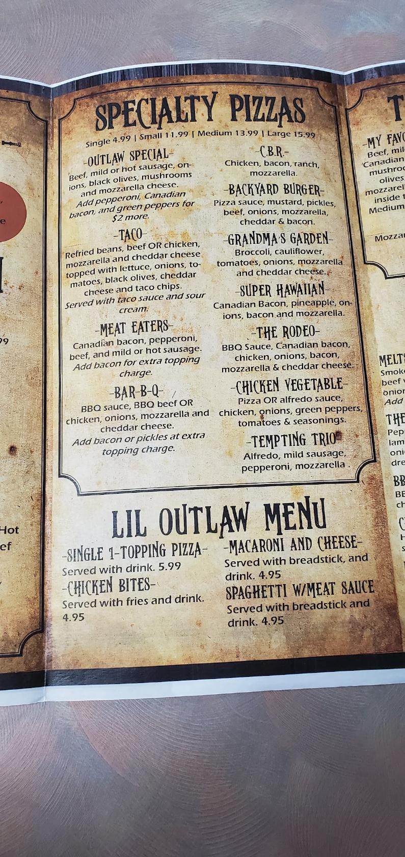 Menu at Outlaw Pizza pizzeria, Corydon