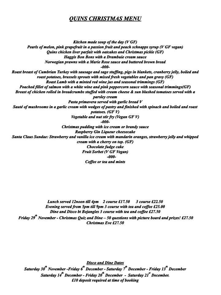 Menu at Quins restaurant, Galashiels