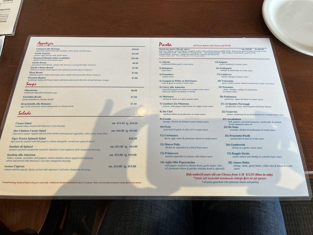 Menu at Amorosa Pasta House restaurant, Burnaby