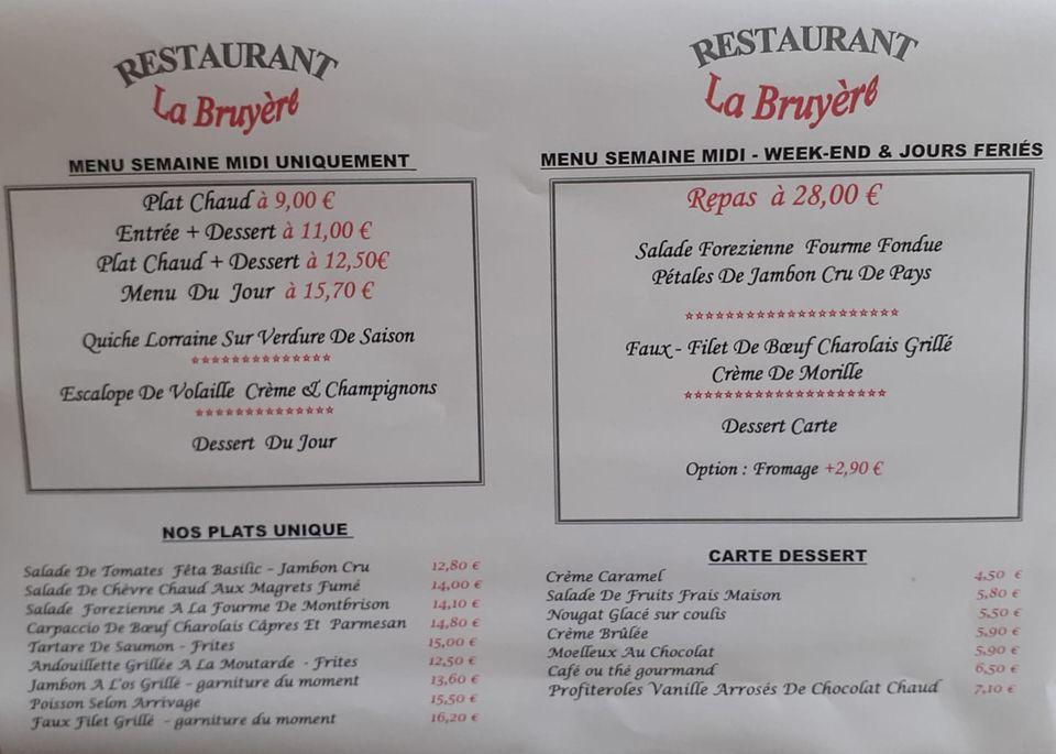 Menu at La Bruyere restaurant, Savigneux