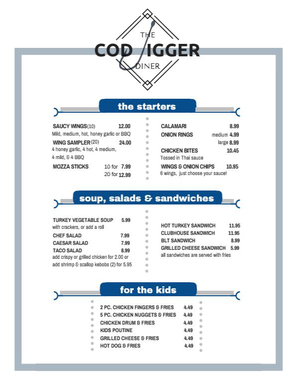 Carta del restaurante The Cod Jigger Diner, Canada