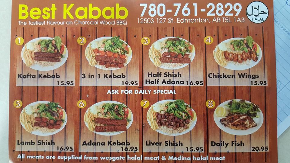 Menu at Best Kabab restaurant, Edmonton, 127 St NW