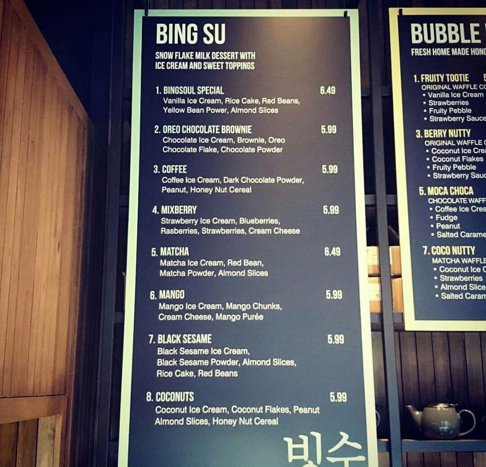 Menu at Bing Soul desserts, Glasgow
