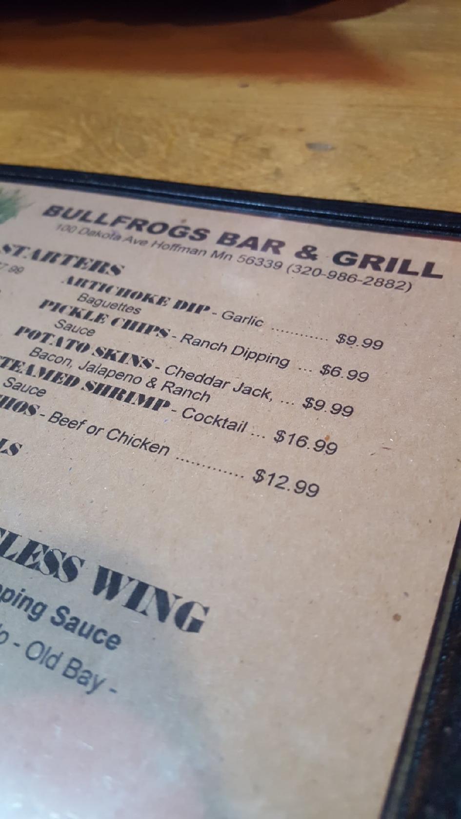 Menu at Bullfrogs Bar & Grill, Hoffman