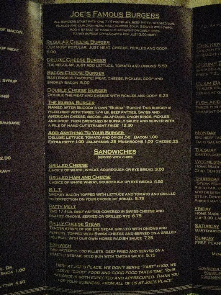 Menu at Joe's Place pub & bar, Bucoda