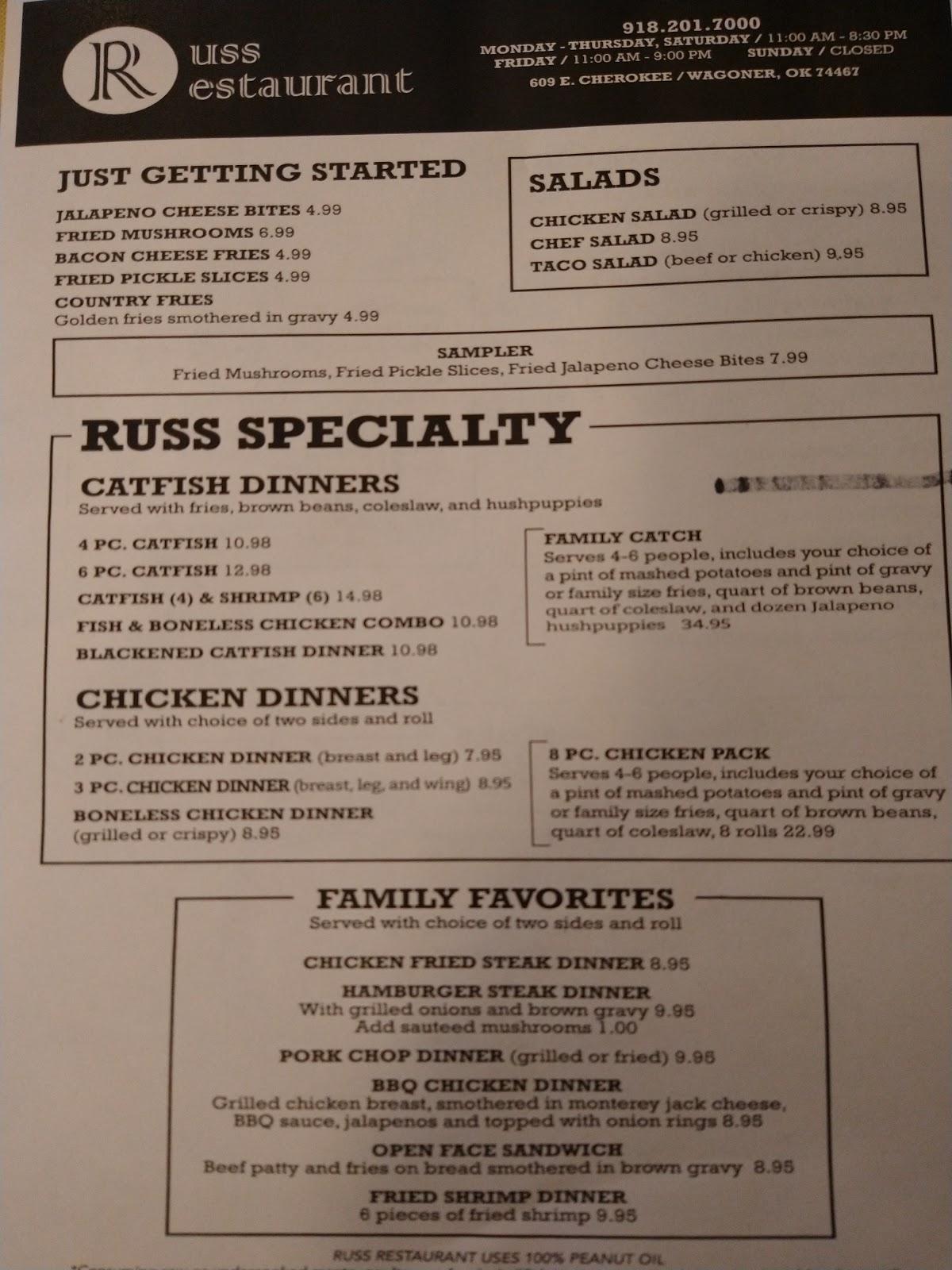 Menu at Russ Restaurant, Wagoner
