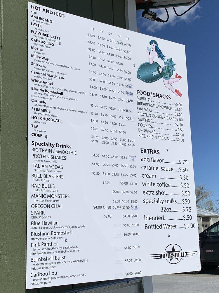 Menu at Bombshellz Espresso cafe, Richland