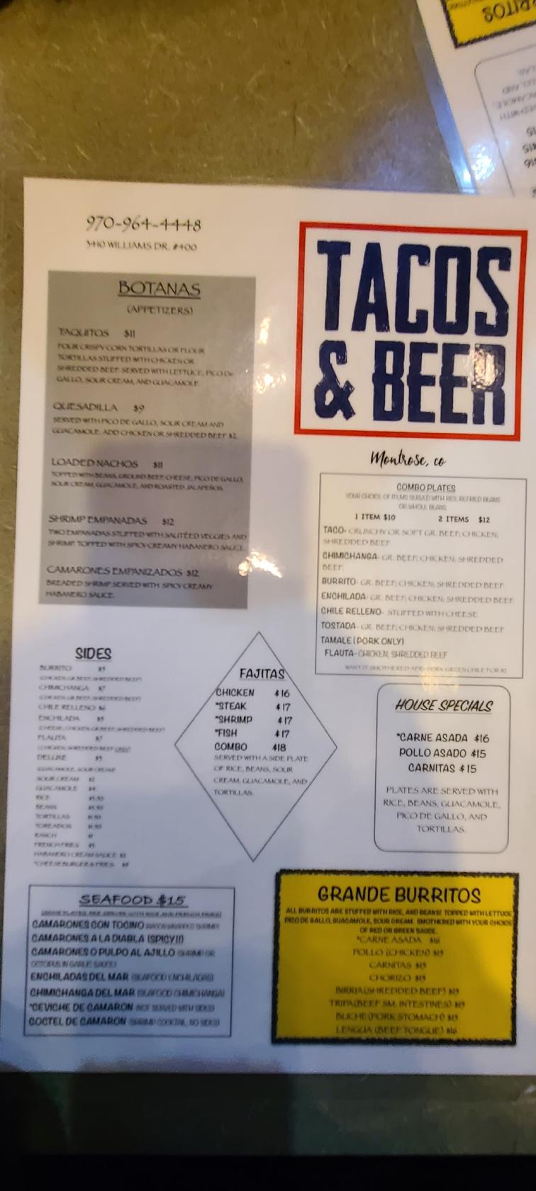 Menu at Tacos & Beer Montrose restaurant, Montrose