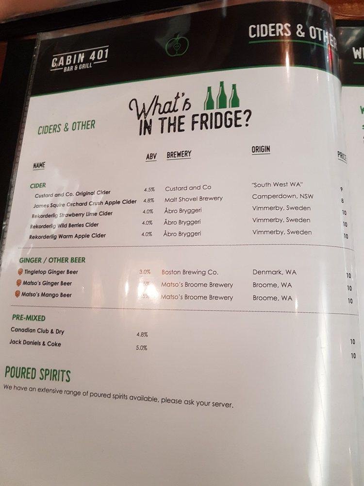 Menu at Cabin 401 Bar & Grill, Bibra Lake