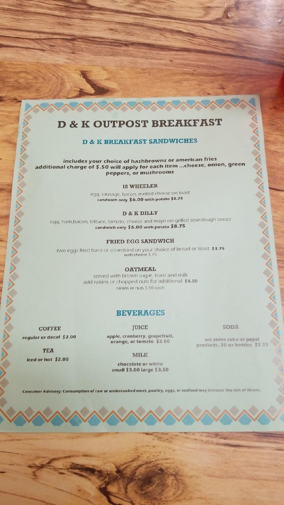 Menu at D & K Outpost restaurant, Highmore
