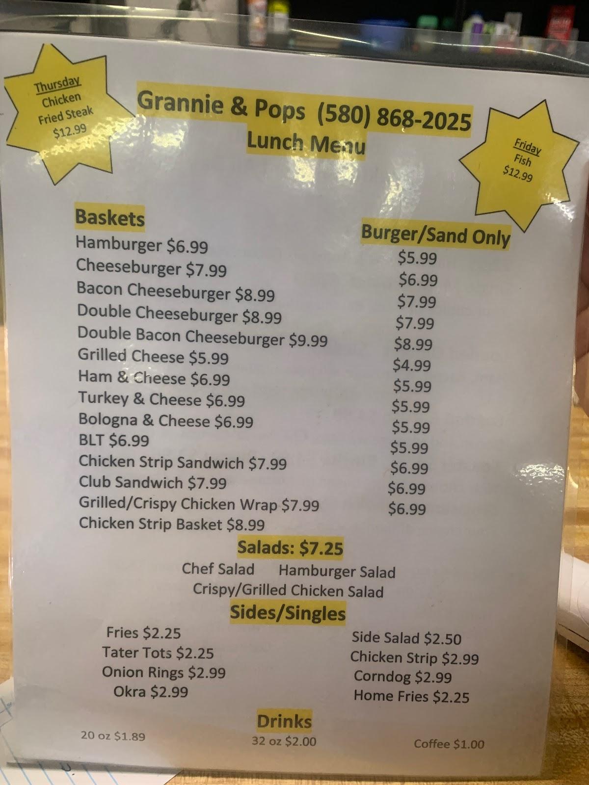 Menu at Grannie and Pops restaurant, Hennepin