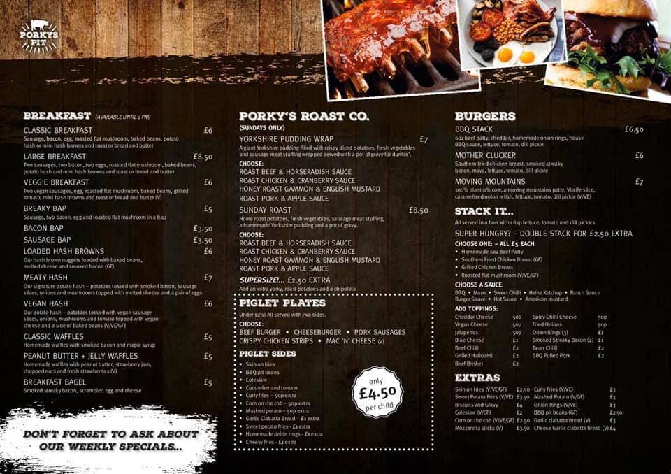 Menu at Porky's Pit restaurant, Lowestoft, 50 Dukes Head Street