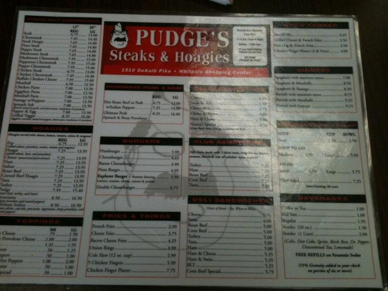 Menu at Pudge's Steaks & Hoagies steakhouse, Blue Bell, Dekalb Pike