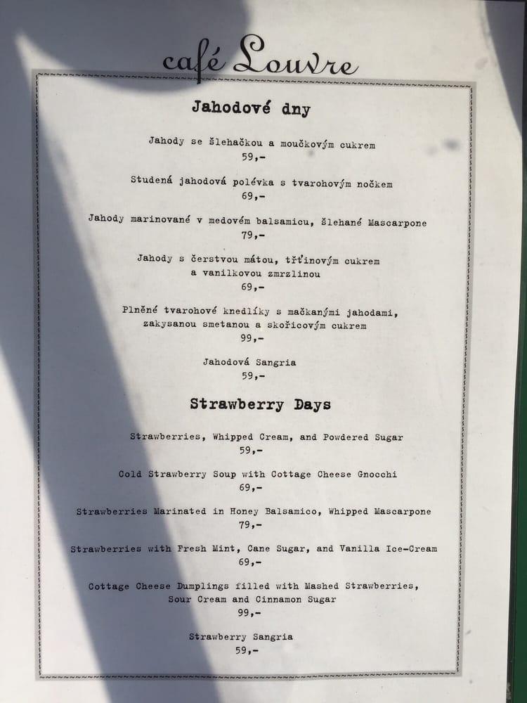 Menu at Café Louvre cafe, Prague, Národní 22