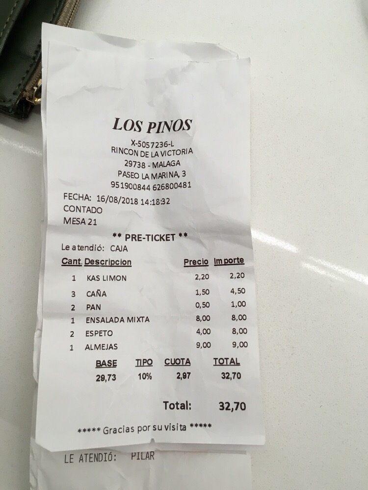 Menu at Los Pinos, Torre de Benagalbón