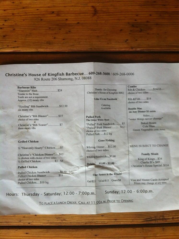 Menu at Christine’s House of Kingfish Barbecue, Shamong