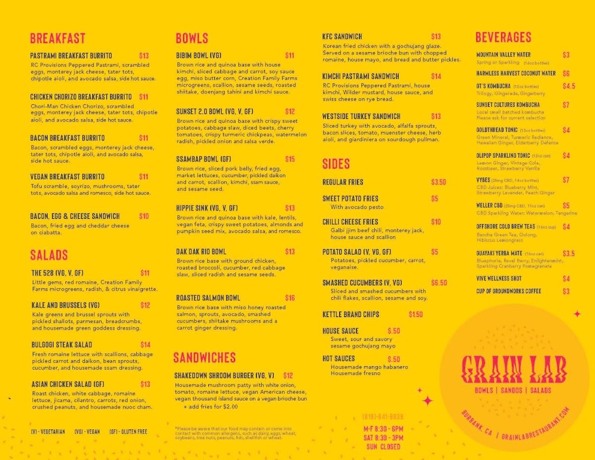 Menu at Grain Lab Deli & Kitchen restaurant, Burbank