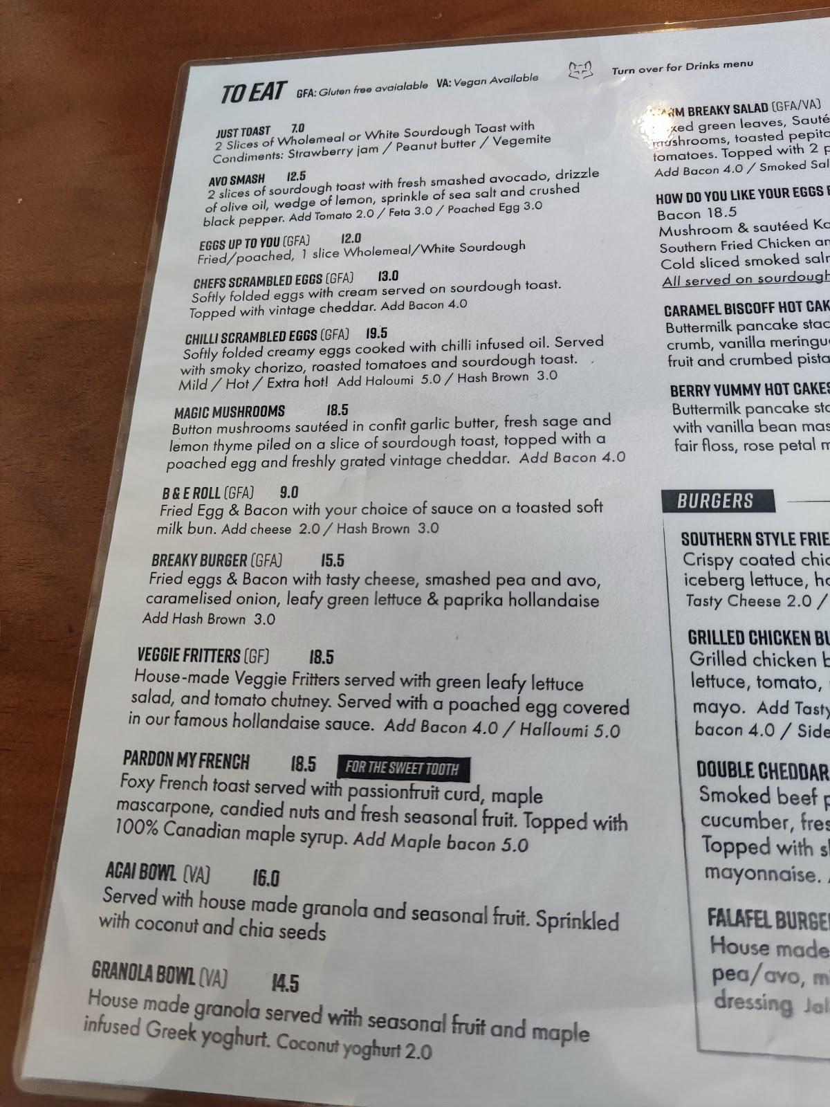 Menu at Four Little Foxes cafe, Milperra