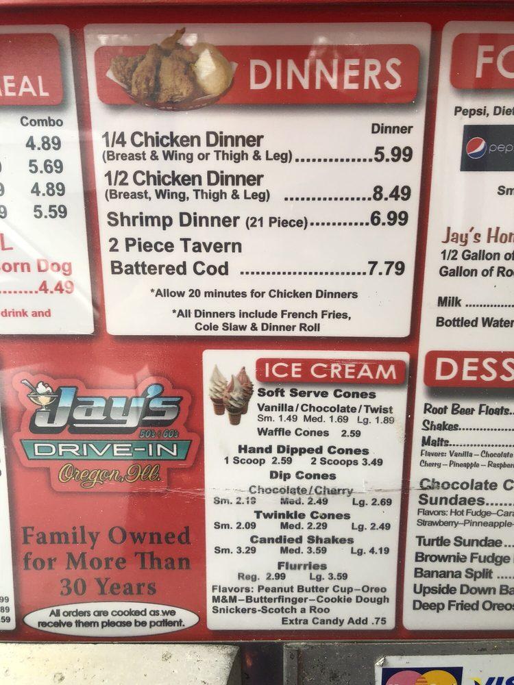 Menu at Jay's Drive In fast food, Oregon