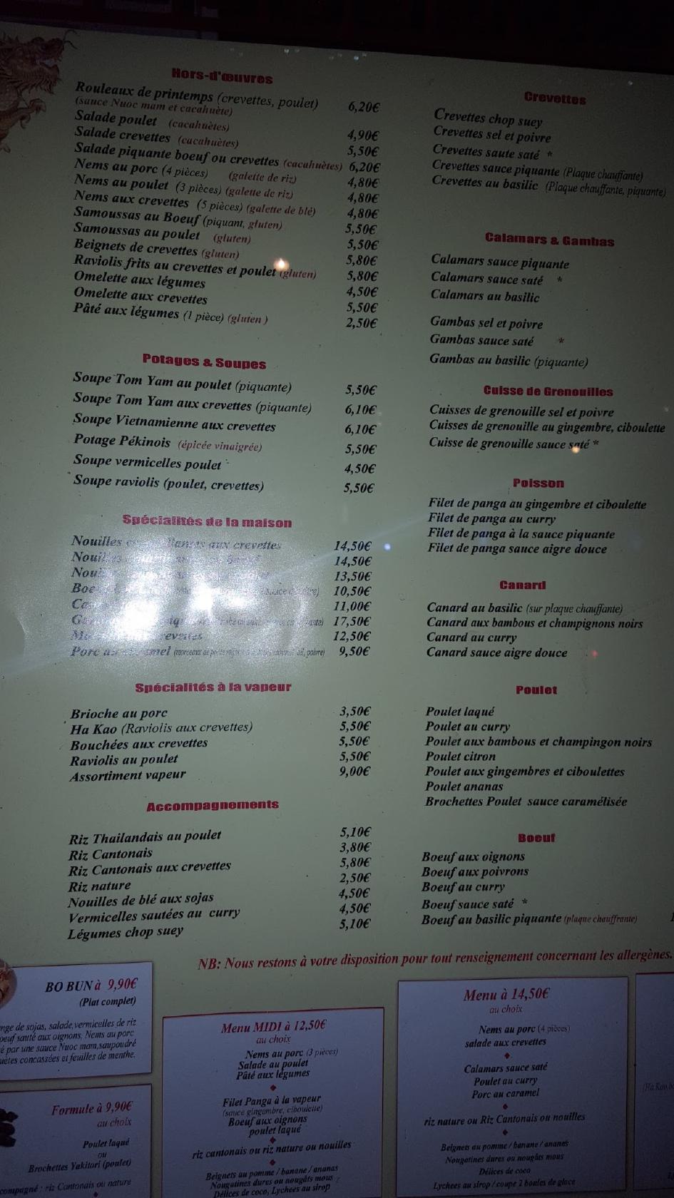 Menu at Le Dragon Céleste restaurant, Lyon