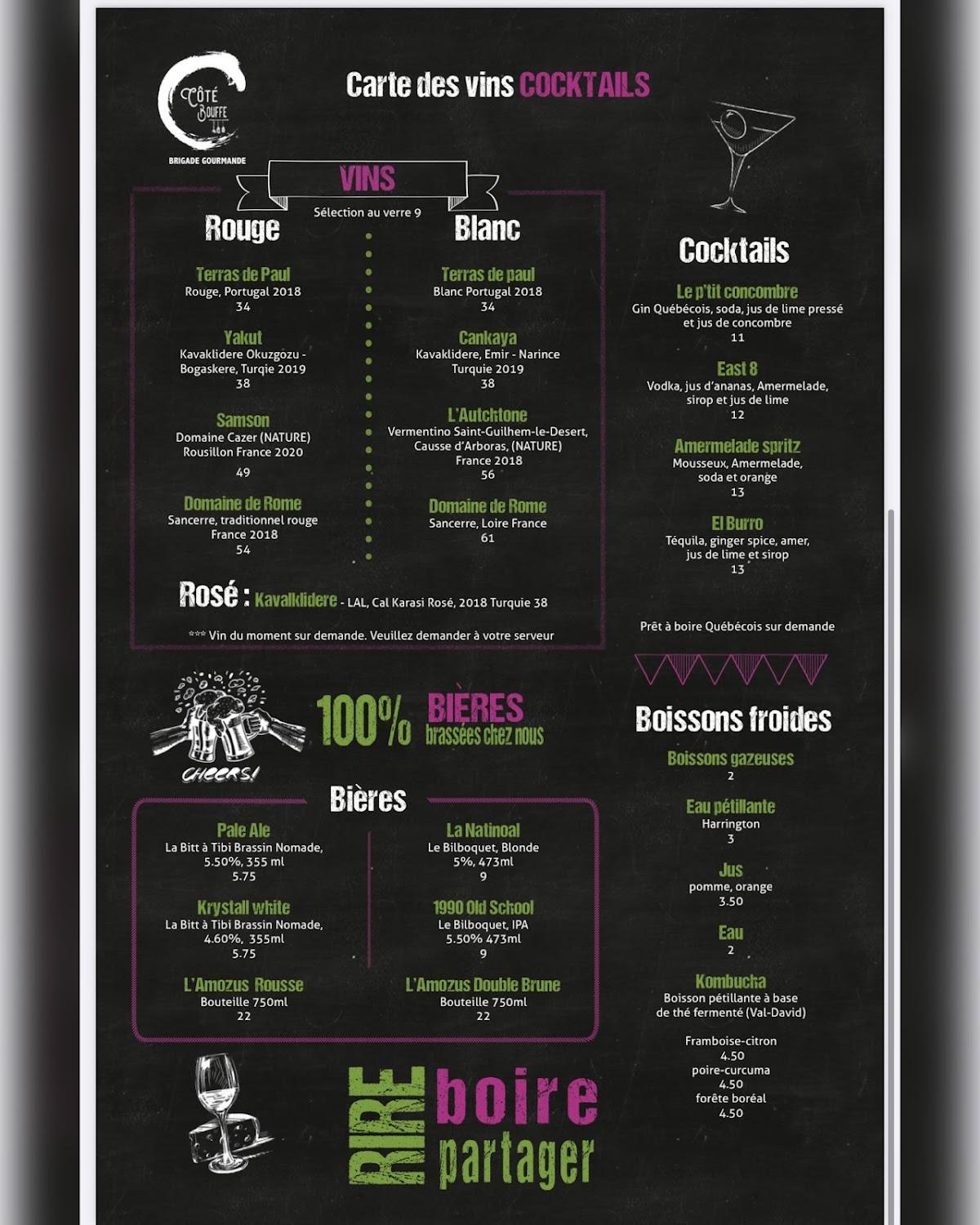 Menu at Côté bouffe, brigade gourmande restaurant, MontTremblant