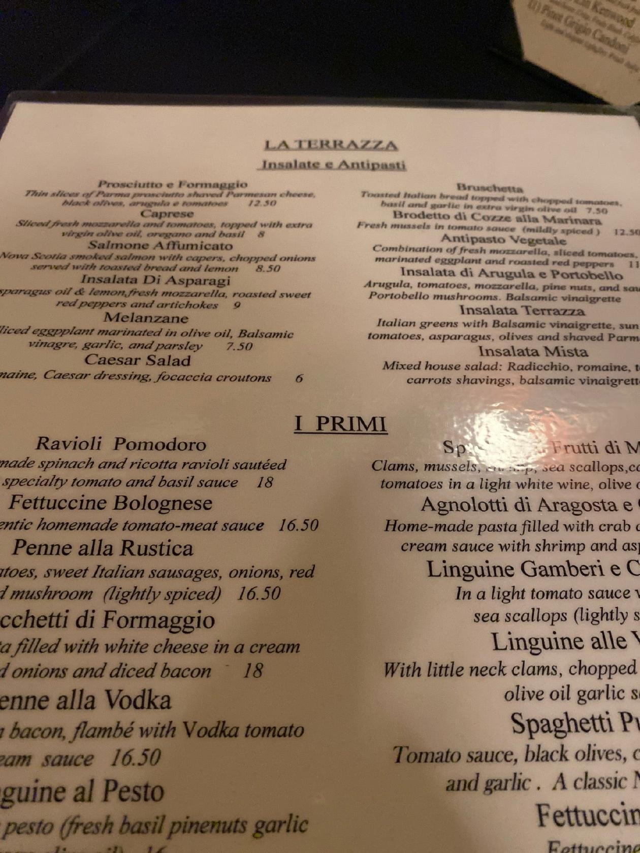 Menu at La Terrazza Restaurant, Tampa